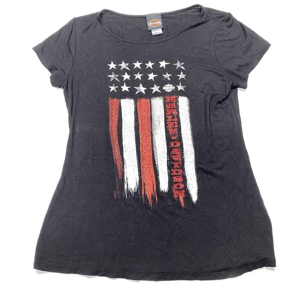 Harley Davidson Shirt Womens Large Freedom Embellished S/S Scoop Neck Tee Flag